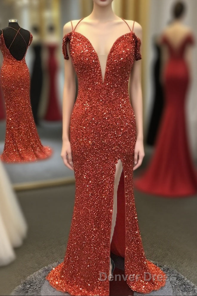 Orange Sparkly Spaghetti Straps Sequins Long Prom Dresses with Slit Main image