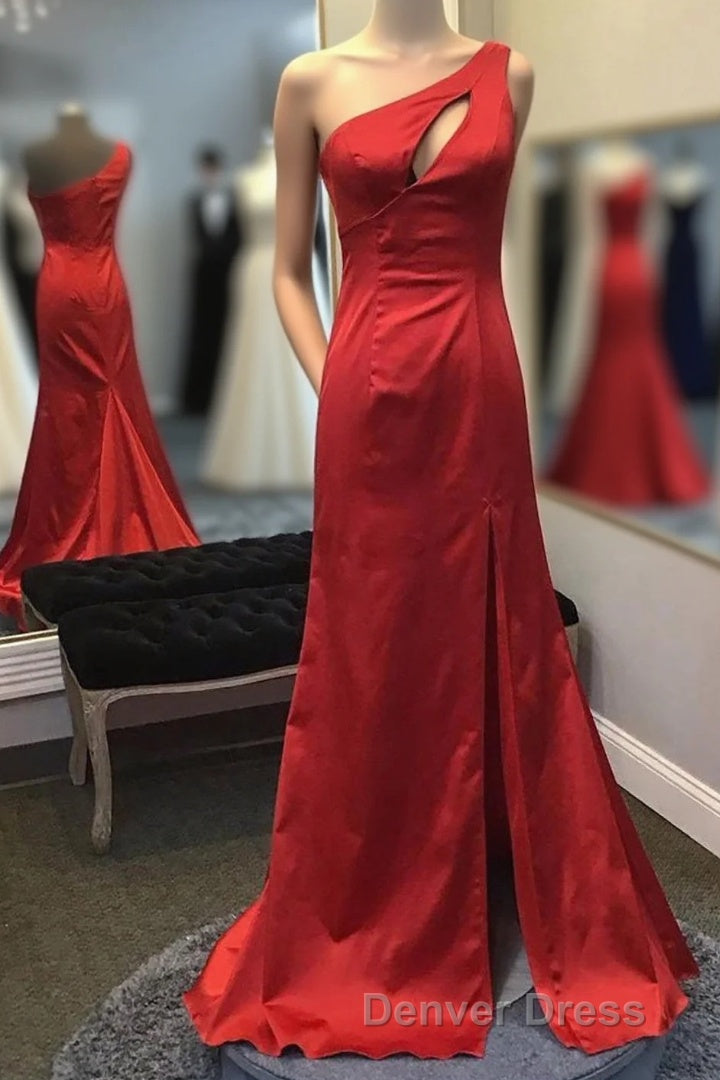 Mermaid One Shoulder Red Long Prom Dresses with Keyhole