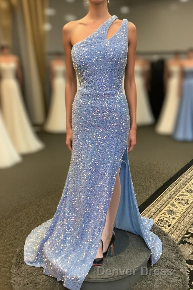 Light Blue One Shoulder Cut-Out Mermaid Long Prom Dresses with Fringes Main image