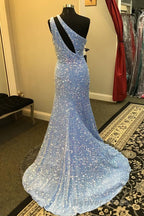 Light Blue One Shoulder Cut-Out Mermaid Long Prom Dresses with Fringes