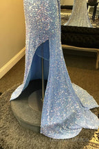 Light Blue One Shoulder Cut-Out Mermaid Long Prom Dresses with Fringes