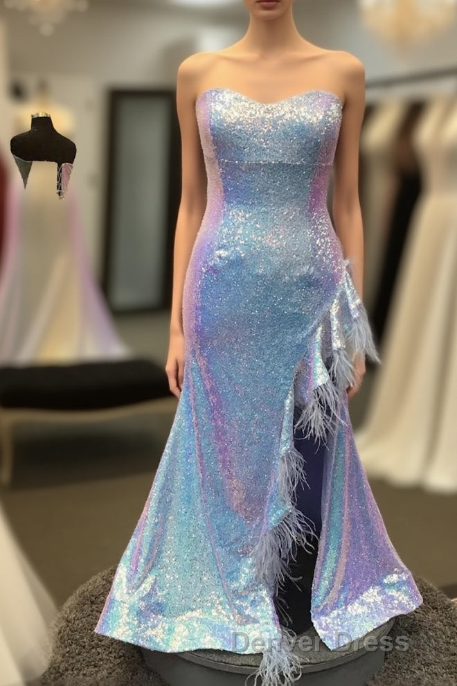 Plus Size Light Blue Sweetheart Mermaid Sequins Long Prom Dresses with Feathers Main image