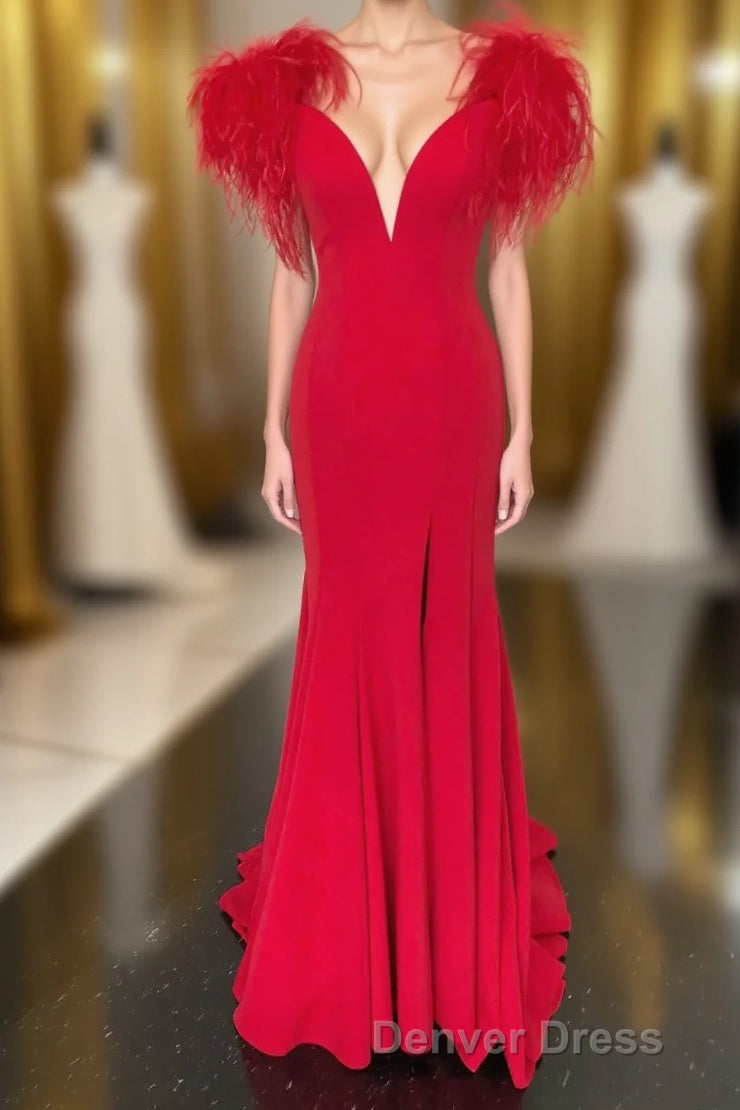 Red Mermaid Long Prom Dresses with Feathers Main image