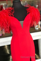 Red Mermaid Long Prom Dresses with Feathers