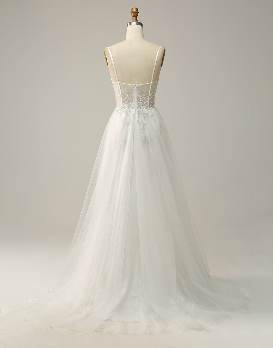 White A-Line Spaghetti Straps Long Prom Dresses With Beading Secondary image