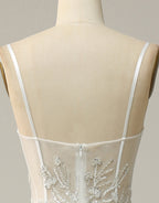 White A-Line Spaghetti Straps Long Prom Dresses With Beading