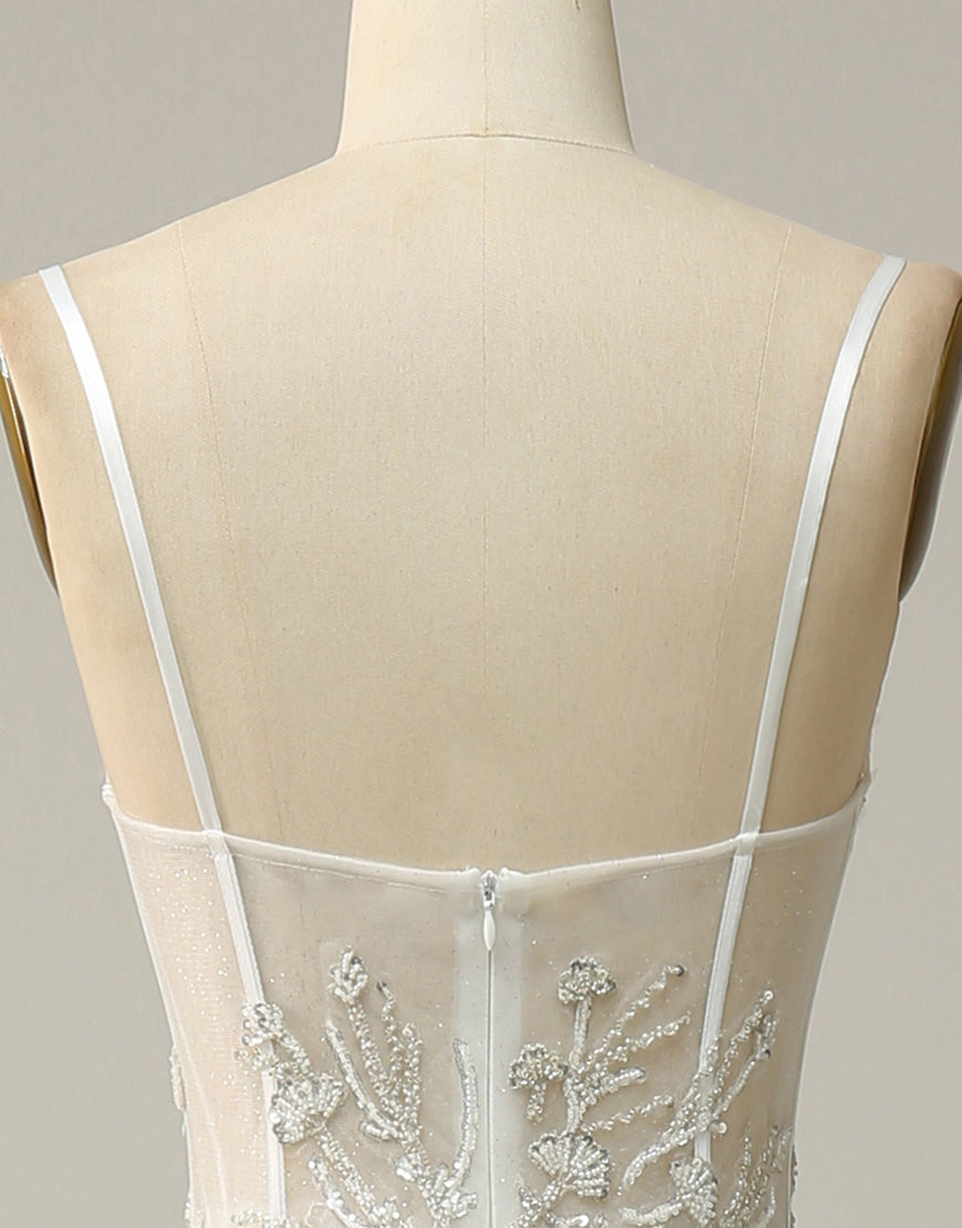 White A-Line Spaghetti Straps Long Prom Dresses With Beading