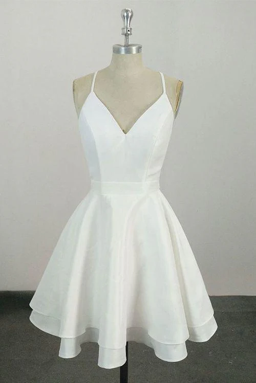 Elegant White V Neck Knee Length Short Prom Dress Homecoming Dresses Main image