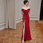 Off Shoulder Sequin Side Slit Trumpet Prom Gowns