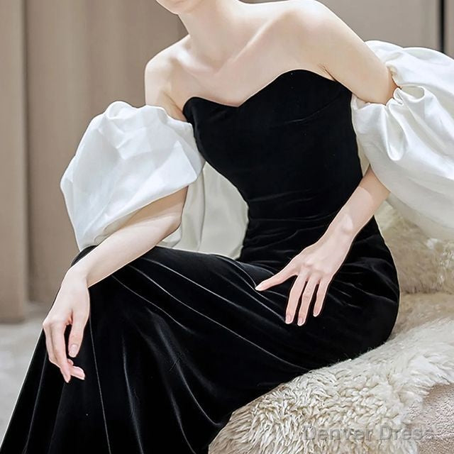 Puff Sleeve Off Shoulder Two Tone Velvet A Line Prom Gowns