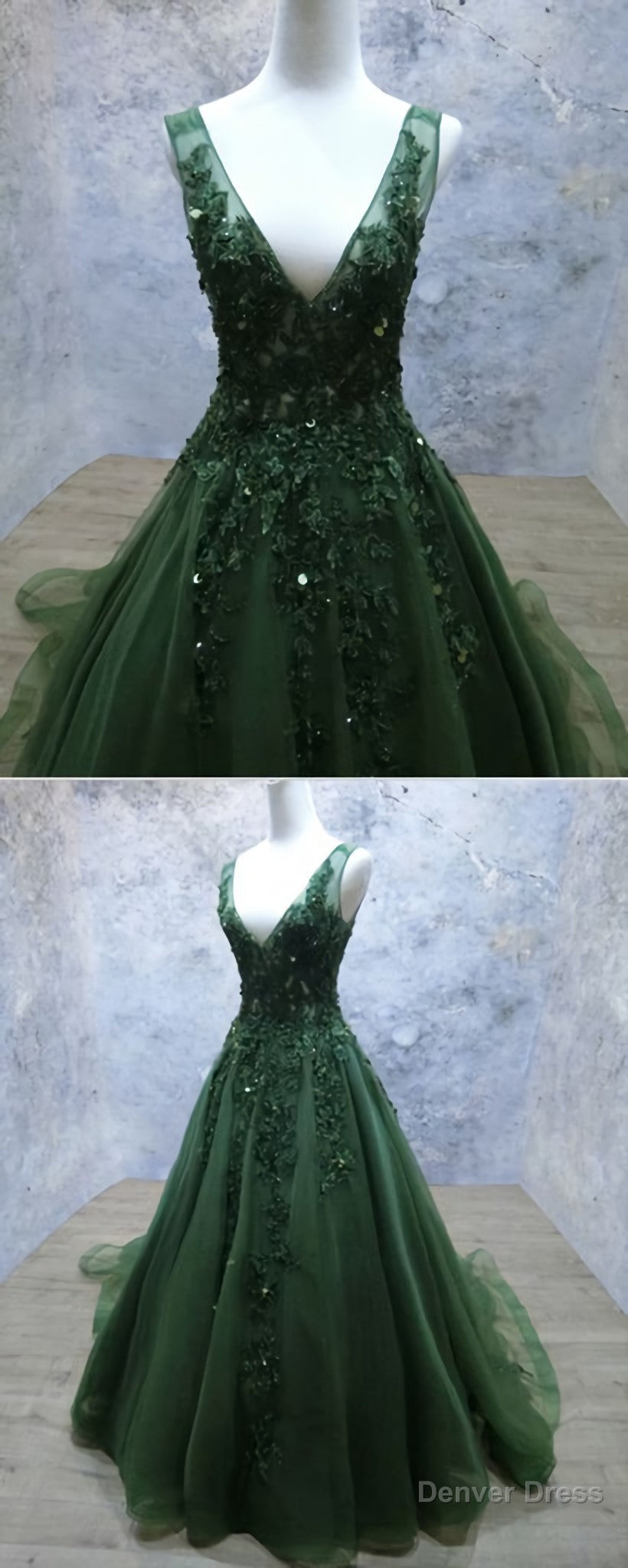 Dark Green Tulle Long Lace Appliques V Neck Prom Dress Main image
