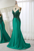 Dark Green Spaghetti Straps Mermaid Satin Prom Dresses With Appliques