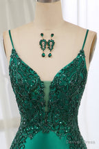 Dark Green Spaghetti Straps Mermaid Satin Prom Dresses With Appliques