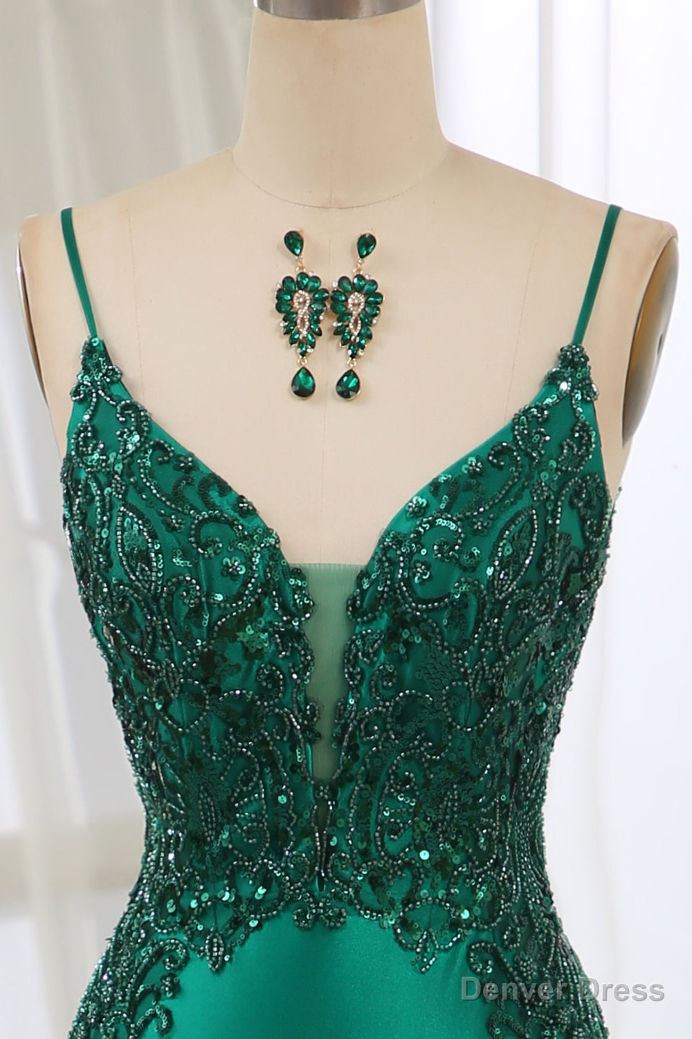 Dark Green Spaghetti Straps Mermaid Satin Prom Dresses With Appliques
