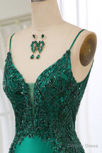 Dark Green Spaghetti Straps Mermaid Satin Prom Dresses With Appliques