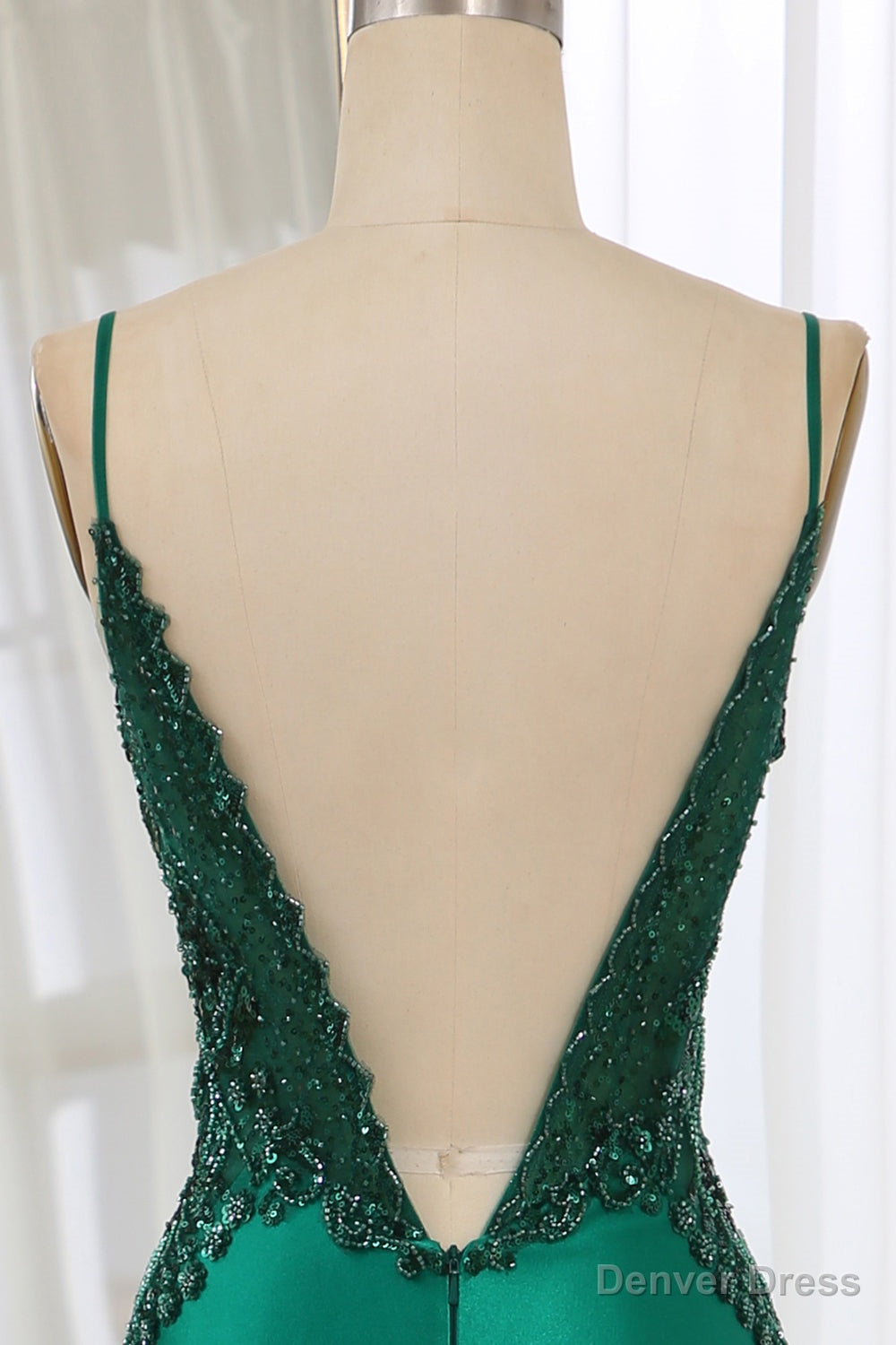 Dark Green Spaghetti Straps Mermaid Satin Prom Dresses With Appliques