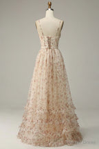 A Line Spaghetti Straps Floor Length Print Prom Dresses With Split