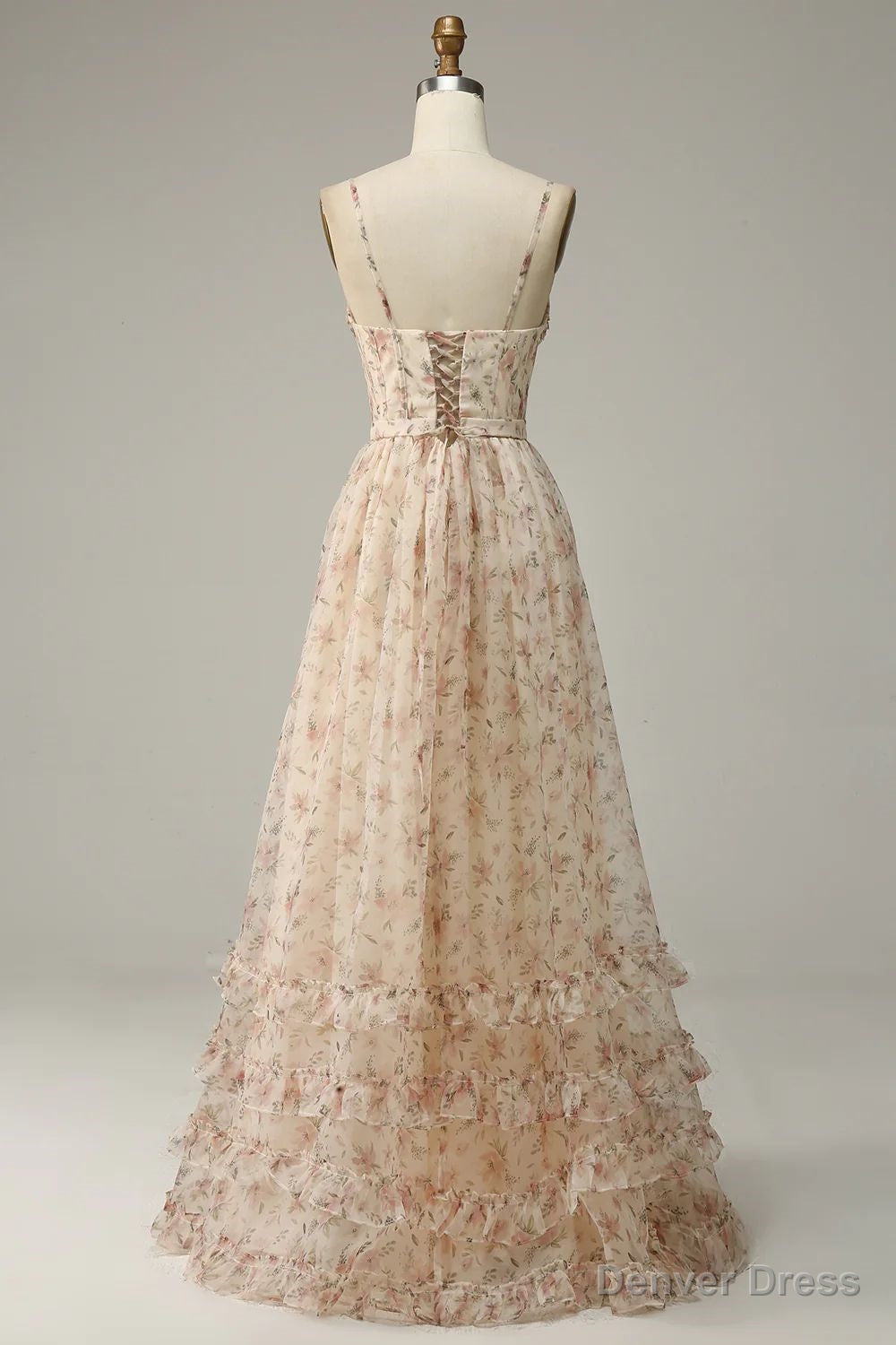 A Line Spaghetti Straps Floor Length Print Prom Dresses With Split