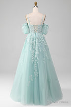 Mint A Line Tulle Off the Shoulder Lace Up Long Prom Dress With Appliques