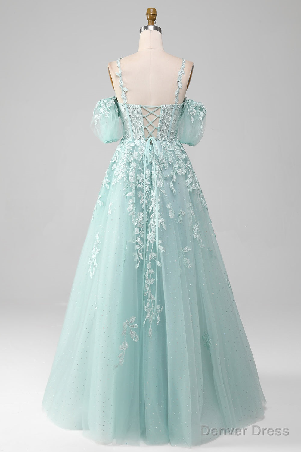 Mint A Line Tulle Off the Shoulder Lace Up Long Prom Dress With Appliques