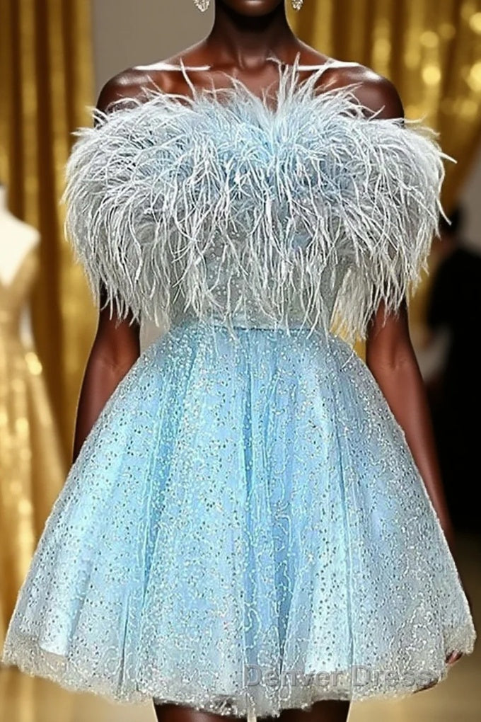 Light Blue A Line Strapless Homecoming Dresses with Feathers Main image