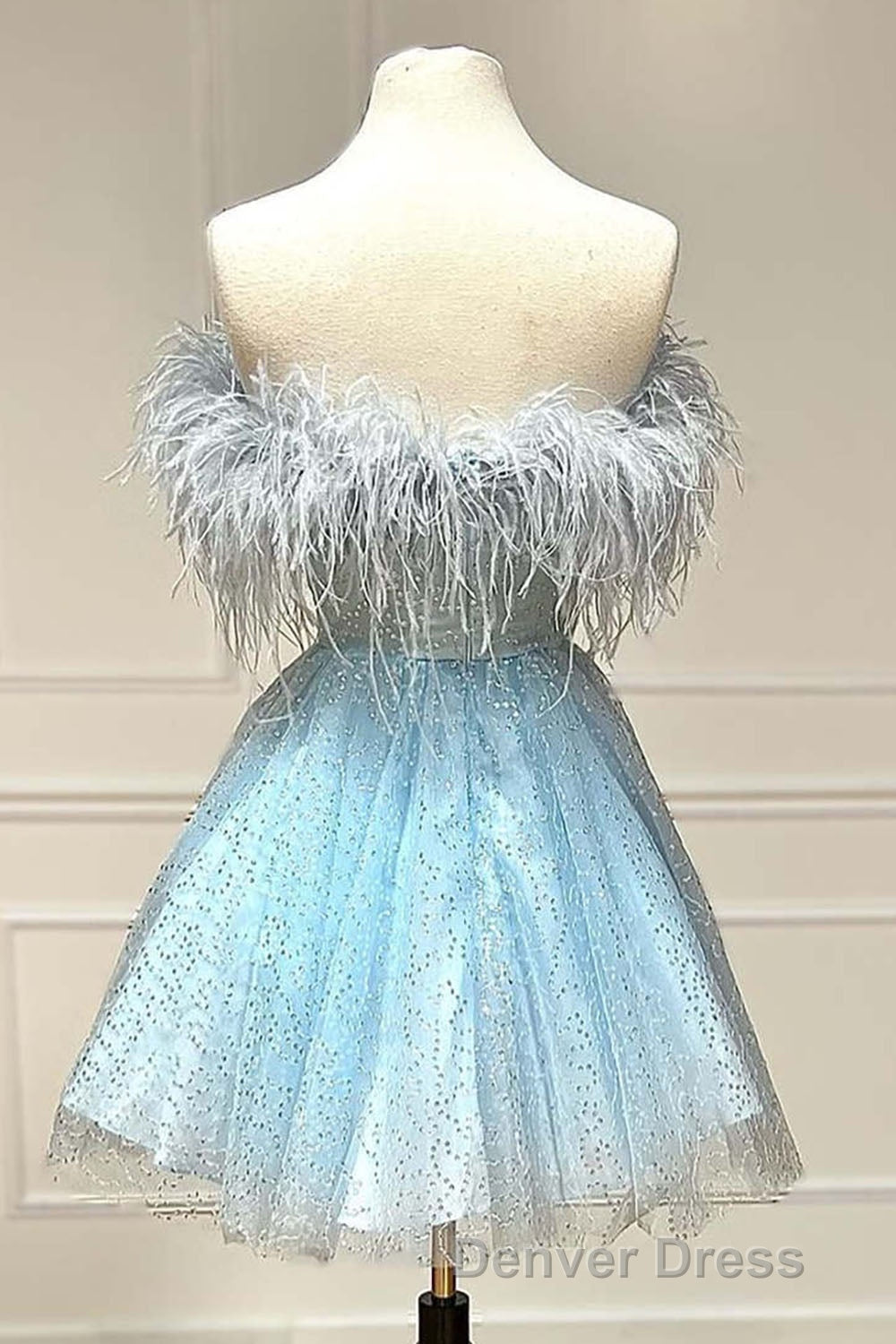 Light Blue A Line Strapless Homecoming Dresses with Feathers Secondary image