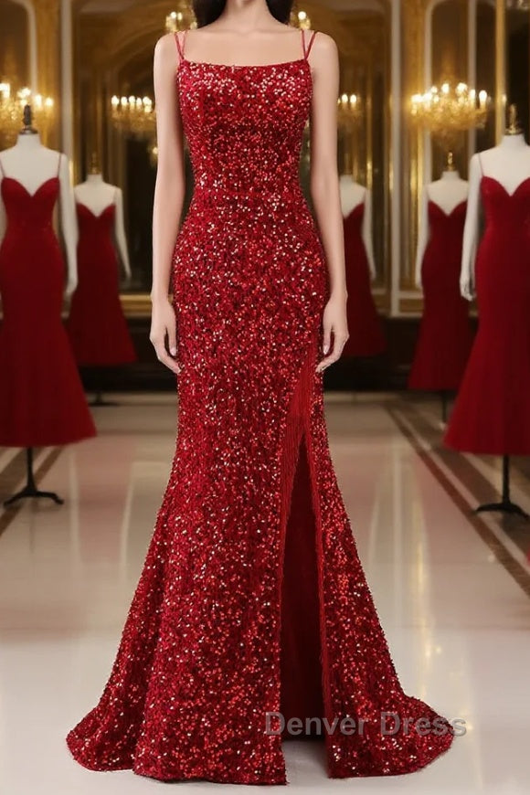 Red Sparkly Mermaid Backless Long Prom Dresses with Fringes