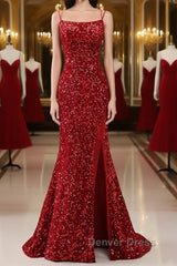 Red Sparkly Mermaid Backless Long Prom Dresses with Fringes