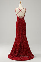 Red Sparkly Mermaid Backless Long Prom Dresses with Fringes