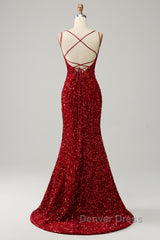 Red Sparkly Mermaid Backless Long Prom Dresses with Fringes