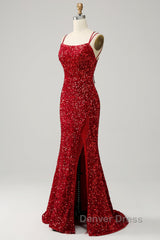 Red Sparkly Mermaid Backless Long Prom Dresses with Fringes