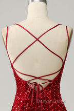 Red Sparkly Mermaid Backless Long Prom Dresses with Fringes