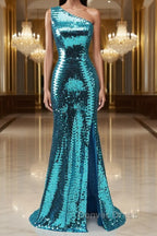 Sparkly Blue Sequins One Shoulder Long Prom Dresses with Slit
