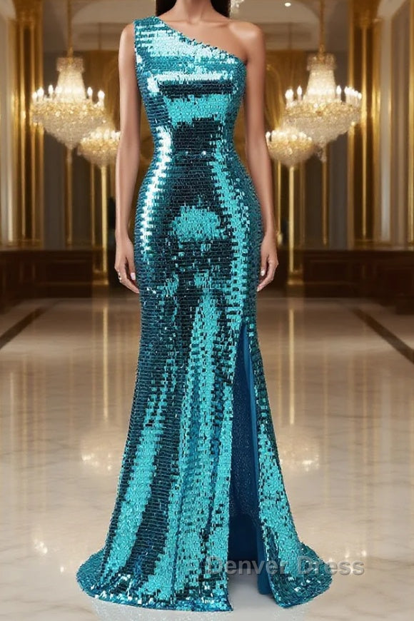 Sparkly Blue Sequins One Shoulder Long Prom Dresses with Slit