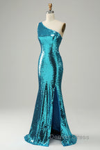Sparkly Blue Sequins One Shoulder Long Prom Dresses with Slit