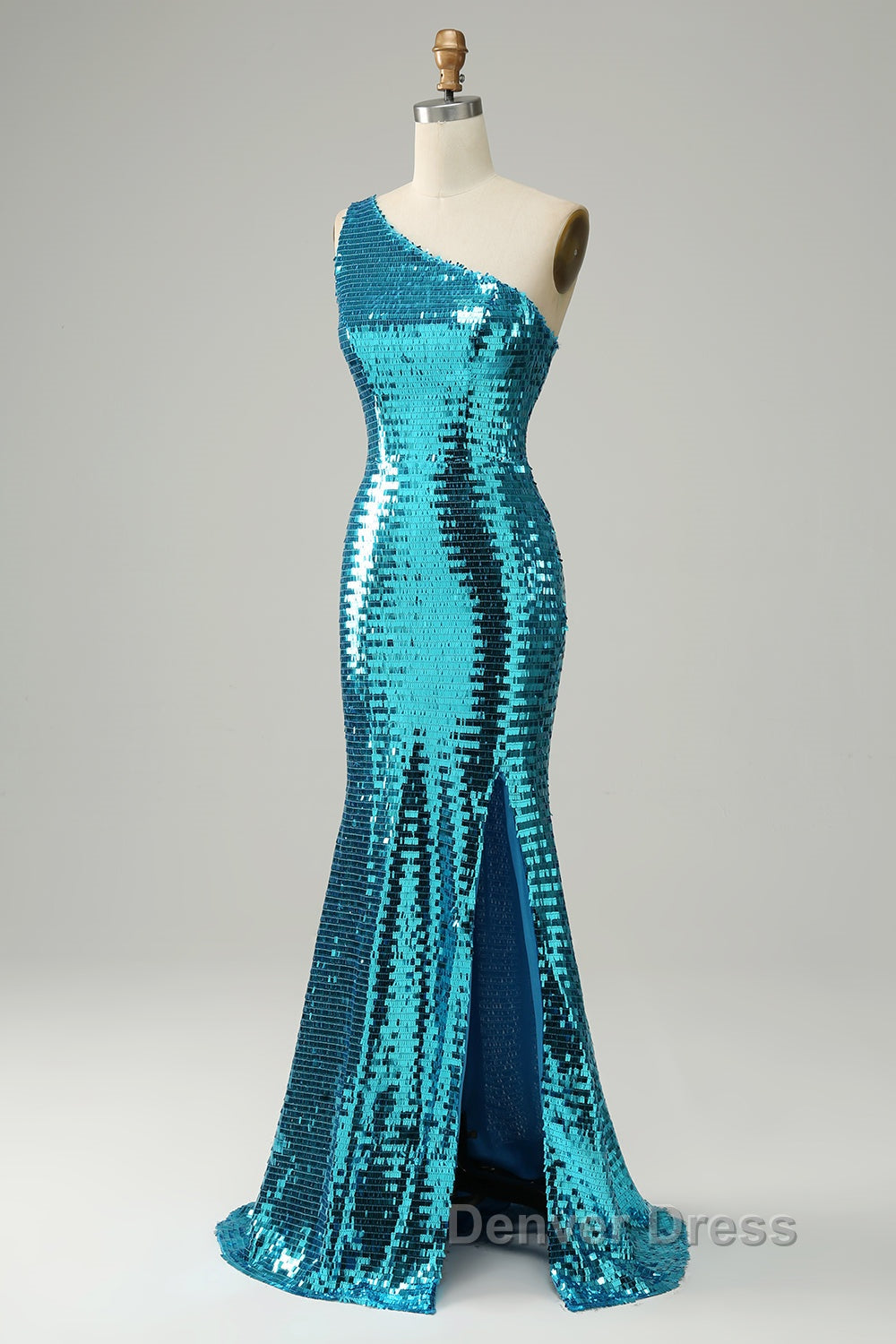 Sparkly Blue Sequins One Shoulder Long Prom Dresses with Slit