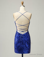 Royal Blue V Neck Corset Back Homecoming Dresses With Sequin