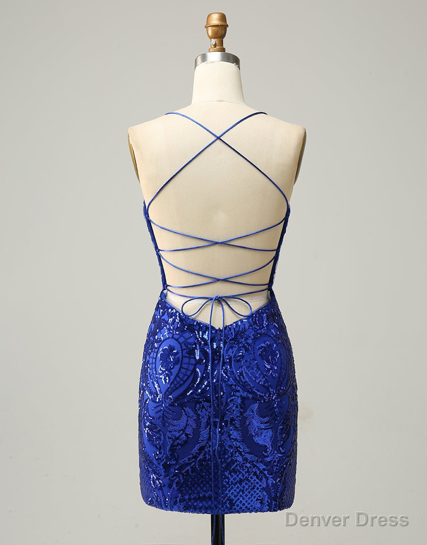 Royal Blue V Neck Corset Back Homecoming Dresses With Sequin