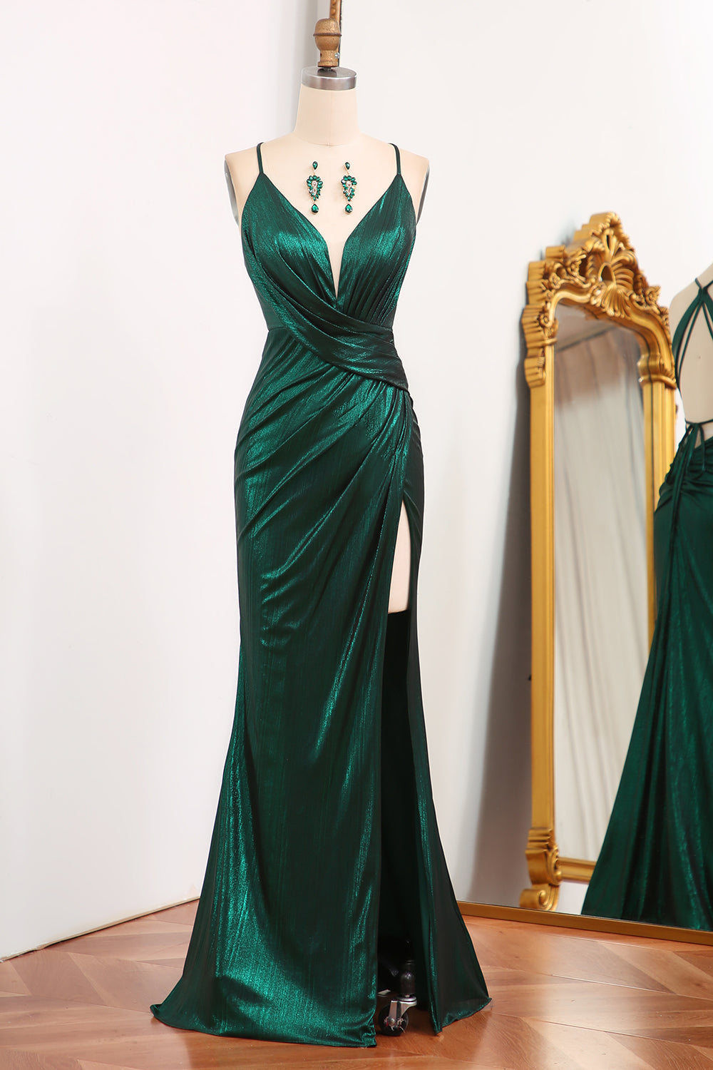 Dark Green Mermaid Spaghetti Straps Keyhole Long Prom Dresses With Slit