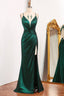 Dark Green Mermaid Spaghetti Straps Keyhole Long Prom Dresses With Slit