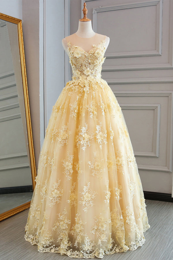 Yellow Sheer Neck Tulle Lace Floral Floor Length Prom Dresses