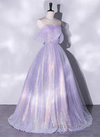 A Charming Sequin Lavender A Line Sheer Strapless Dance Dress, Lavender Princess Off The Shoulder Sleeveless Sheer Prom Dresses
