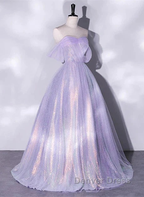 A Charming Sequin Lavender A Line Sheer Strapless Dance Dress, Lavender Princess Off The Shoulder Sleeveless Sheer Prom Dresses