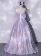 A Charming Sequin Lavender A Line Sheer Strapless Dance Dress, Lavender Princess Off The Shoulder Sleeveless Sheer Prom Dresses