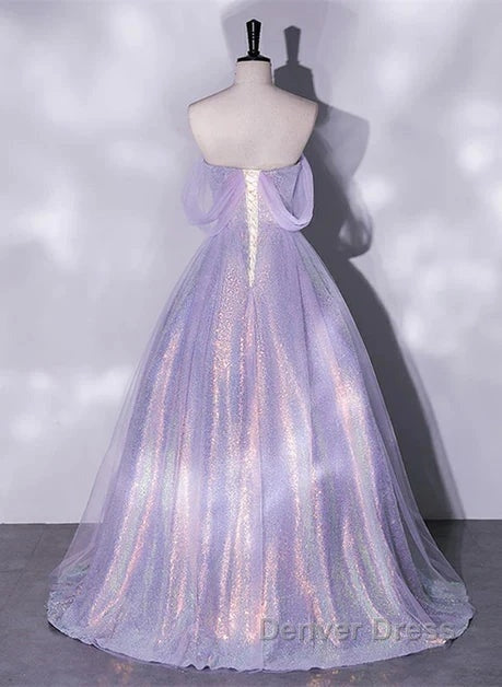 A Charming Sequin Lavender A Line Sheer Strapless Dance Dress, Lavender Princess Off The Shoulder Sleeveless Sheer Prom Dresses