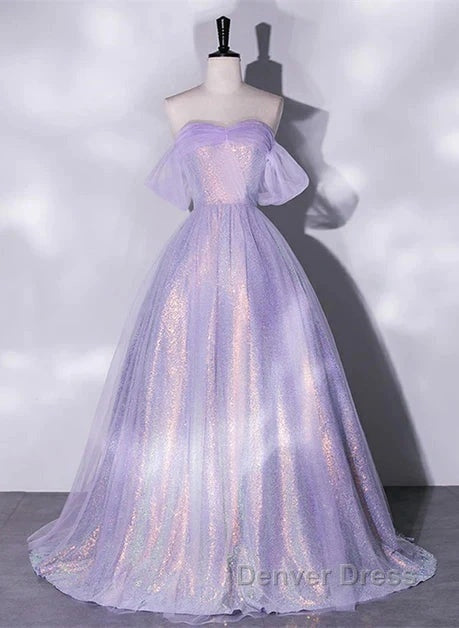 A Charming Sequin Lavender A Line Sheer Strapless Dance Dress, Lavender Princess Off The Shoulder Sleeveless Sheer Prom Dresses