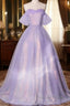 A Charming Sequin Lavender A Line Sheer Strapless Dance Dress, Lavender Princess Off The Shoulder Sleeveless Sheer Prom Dresses