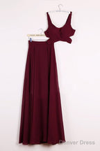 A Line 2 Pieces Floor Length Burgundy Chiffon Prom Dress, 2 Pieces Burgundy Prom Dress, Bridesmaid Dresses