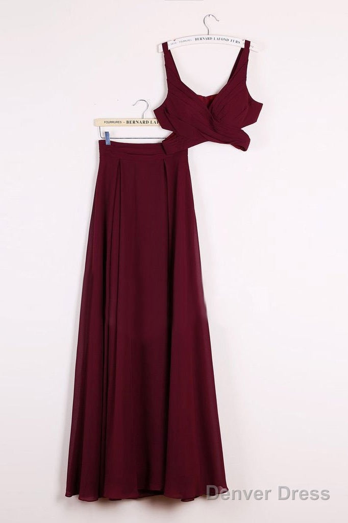A Line 2 Pieces Floor Length Burgundy Chiffon Prom Dress, 2 Pieces Burgundy Prom Dress, Bridesmaid Dresses