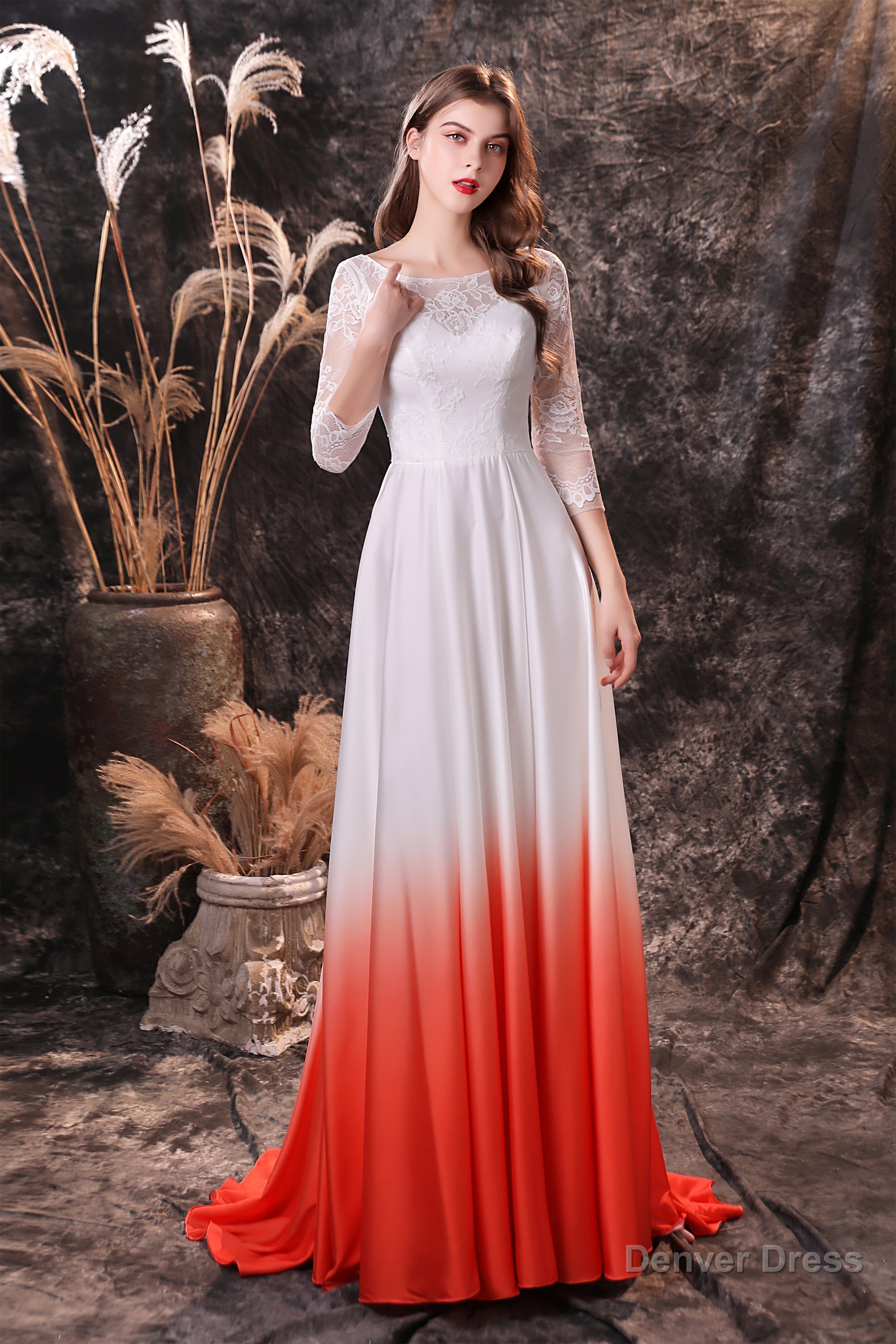 A Line 3/4 Sleeve Ombre Silk Like Satin Sweep Train Prom Dresses Main image